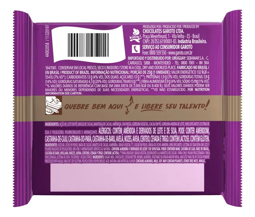 TABLETA CHOCOLATE TALENTO ALMENDRAS Y PASAS 25G