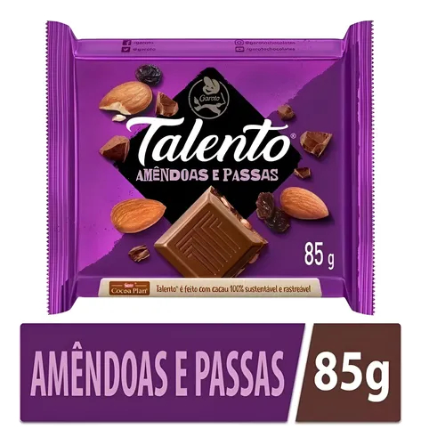 DISPLAY CHOCOLATE TALENTO ALMENDRAS Y PASAS 85G X 12 UNIDADES
