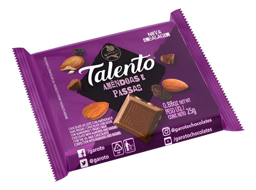 TABLETA CHOCOLATE TALENTO ALMENDRAS Y PASAS 25G