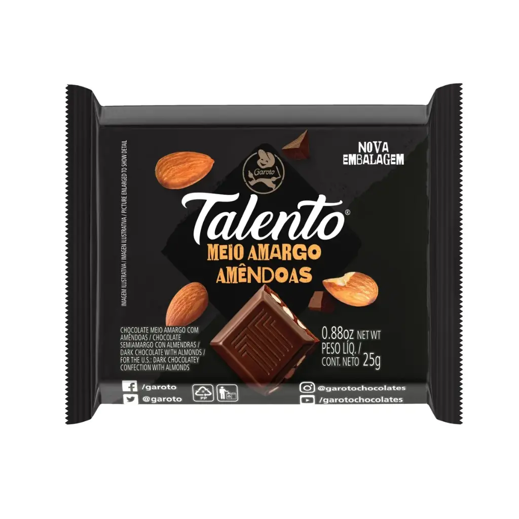 TABLETA CHOCOLATE TALENTO SEMIAMARGO ALMENDRAS 25G