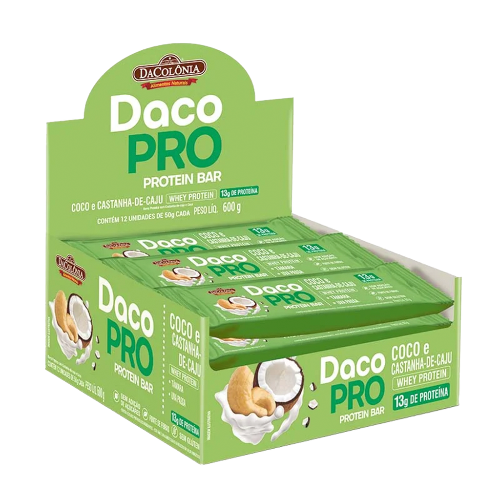 EMPAQUE DE BARRAS DACOPRO PROTEIN COCO Y CASTANA - 12 Unidades 