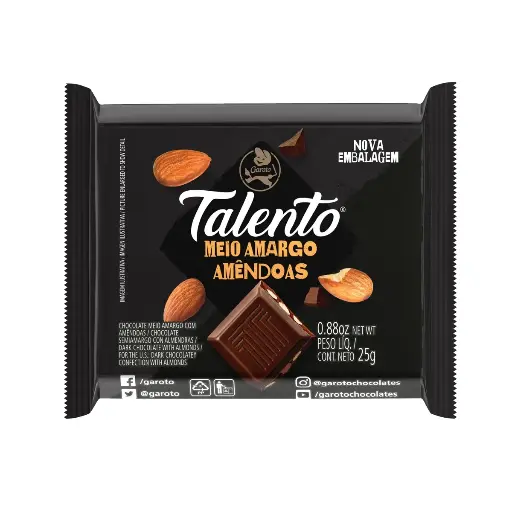 [011146] TABLETA CHOCOLATE TALENTO SEMIAMARGO ALMENDRAS 25G