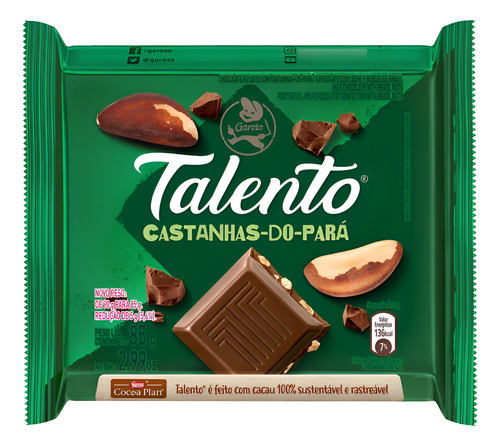 [011150] TABLETA CHOCOLATE TALENTO NUEZ DE BRASIL 85G